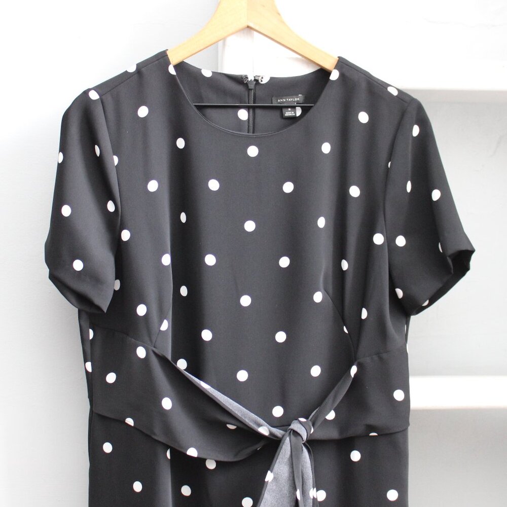 Ann Taylor Black White Polka Dot Tie Front T-Shirt Shift Short Sleeve Dress 10 - Picture 5 of 8